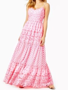 Lilly Pulitzer Kyla neon pink and white eyelet tiered maxi dress